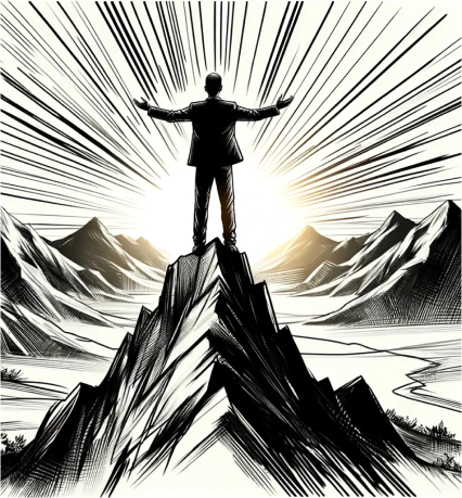 Business man standing on top of a mountain.