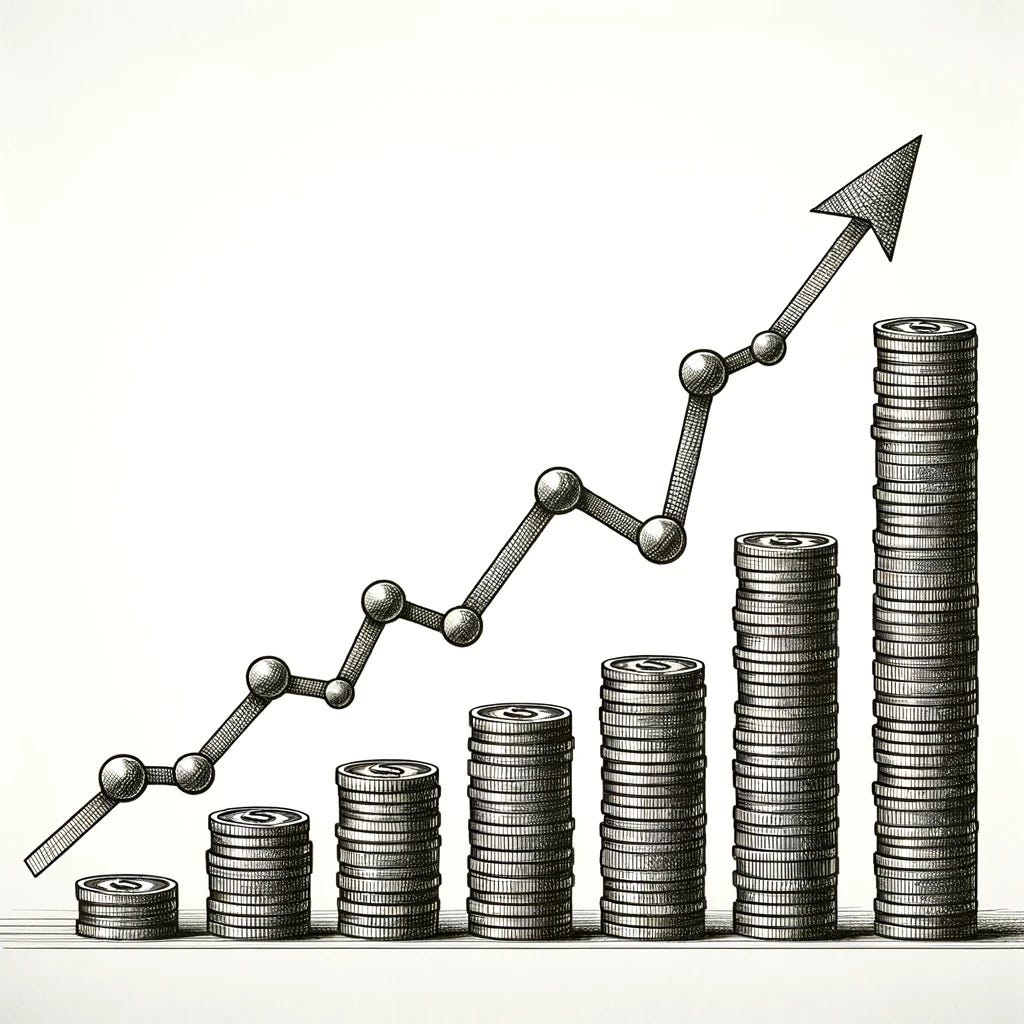 Chart depicts consistently rising dividends, along with a stock price that stairsteps its way up, depicting opportunity in the dips.