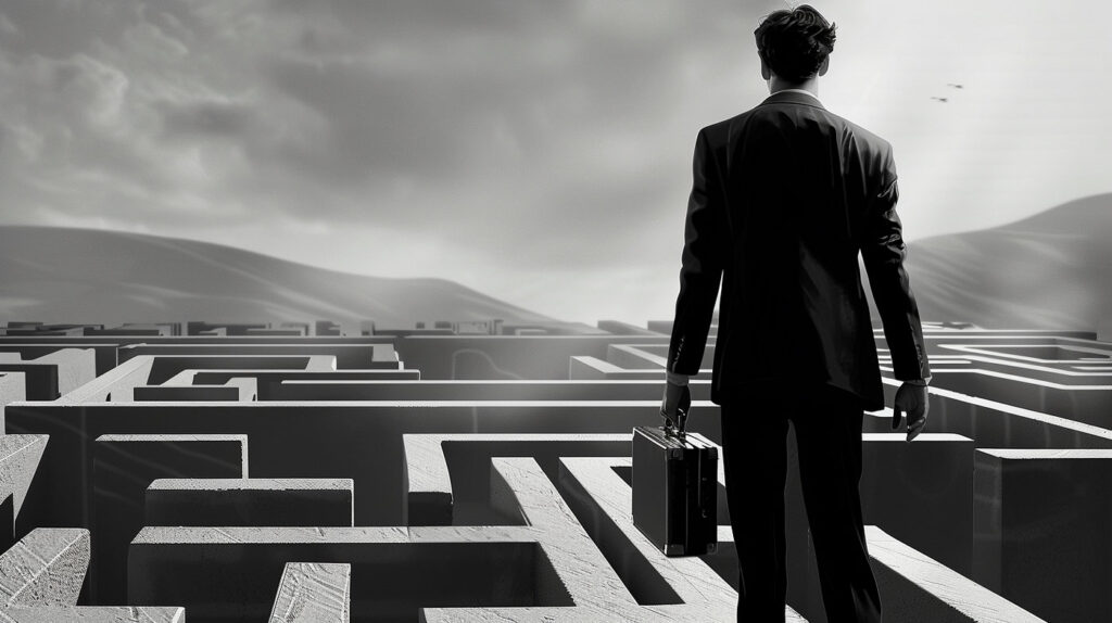 Business man standing on top of a maze looking off into the distance.