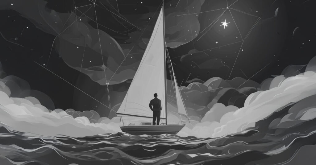 person standing on boat in water with night sky and north star - Is There Really a North Star for Navigating Financial Markets